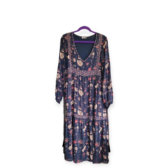 Faherty **Floral Prairie Dress** 100% Viscose Midnight Blue L - Picture 3 of 13